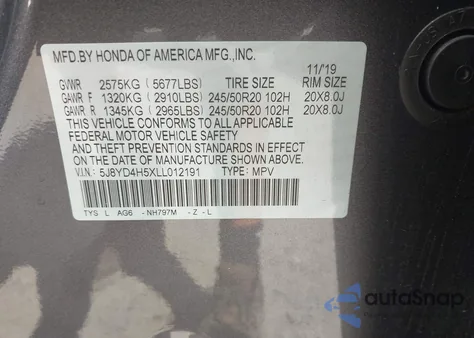2020 Acura Mdx Technology Package from USA, damaged, VIN 5J8YD4H5XLL012191
